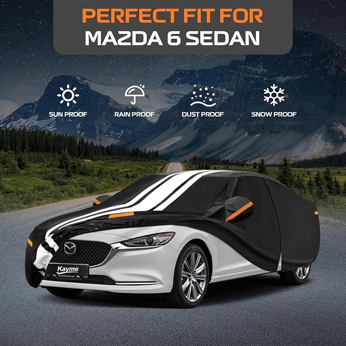 Kayme Heavy Duty Car Cover Custom Fit for Mazda 6 Sedan (1998-2022) Waterproof All Weather for Automobiles, Gift with Tape/Towel, Outdoor Full Exterior Cover Rain Snow Sun UV Protection.