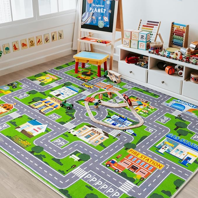 Car Rug Play Mat for Kids Toy Cars, City Road Traffic Playmat for Kid Bedroom, Non-Slip Machine Washable Kids Rugs for Learn and Have Fun 3'x4'/ 36"x48", Green