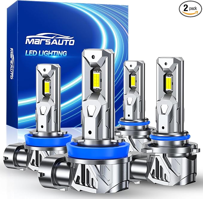 Marsauto 9005 H11 Bulbs Combo, 80000LM 800% Brighter, 6500K Cool White HB3 H8 H9 Bulbs, 80000+ Hours Lifespan, 3-Min Plug and Play, IP68 Waterproof, Pack of 4