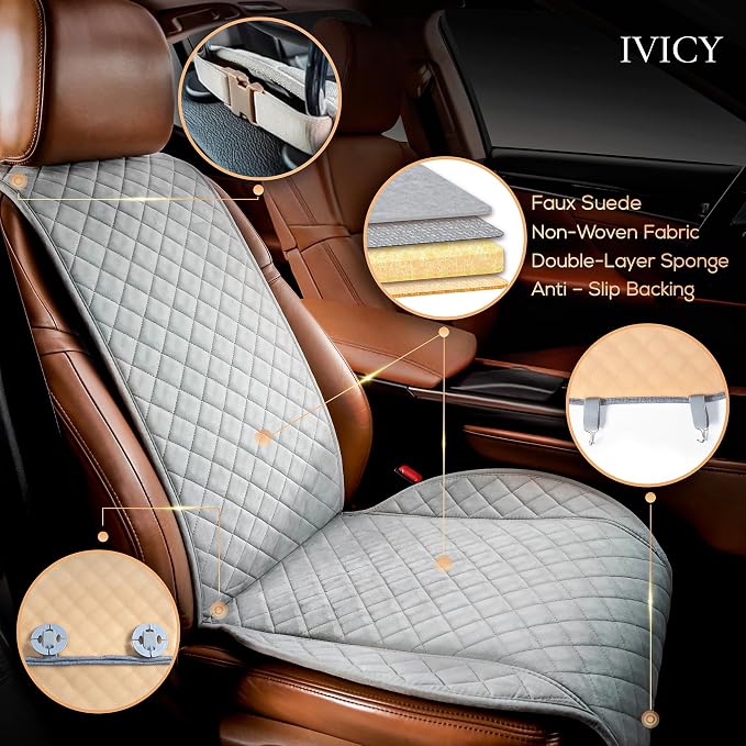 IVICY Faux Suede Front Car Seat Cover – Non-Slip Bucket Seat Protector for Most Cars, SUVs, Vans & Trucks – 1 Seat Cover, Machine Washable, Side-Airbag Friendly, Light Gray