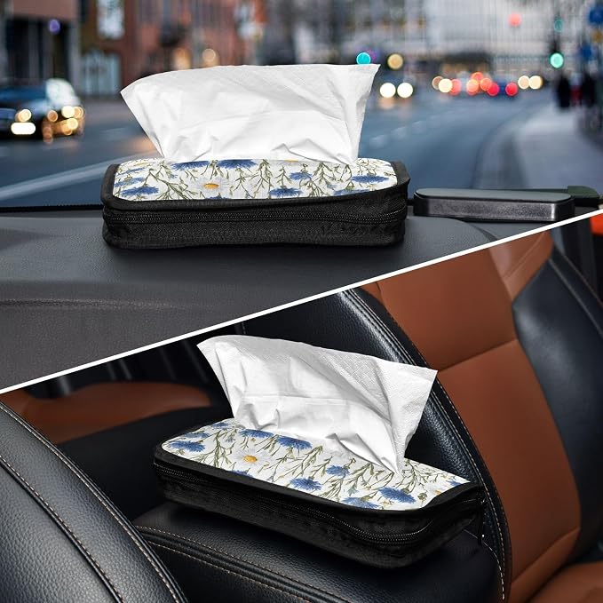 Car Tissue Holder Car Napkin Holder Tissue Box Dispenser Storage Case Sun Visor Mask Holder with Adjustable Straps Reusable Refillable Blue and White Daisy03