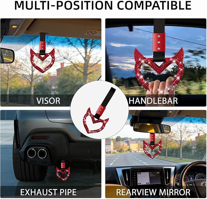 NBTEPEM Bling Heart Handle Keychains Bling Car Accessories for Women Hand Strap Drift Charm Rear Bumper Warning Ring Tsurikawa Heart Decor for Car Interior Exterior Decoration (Red, Devil Style)