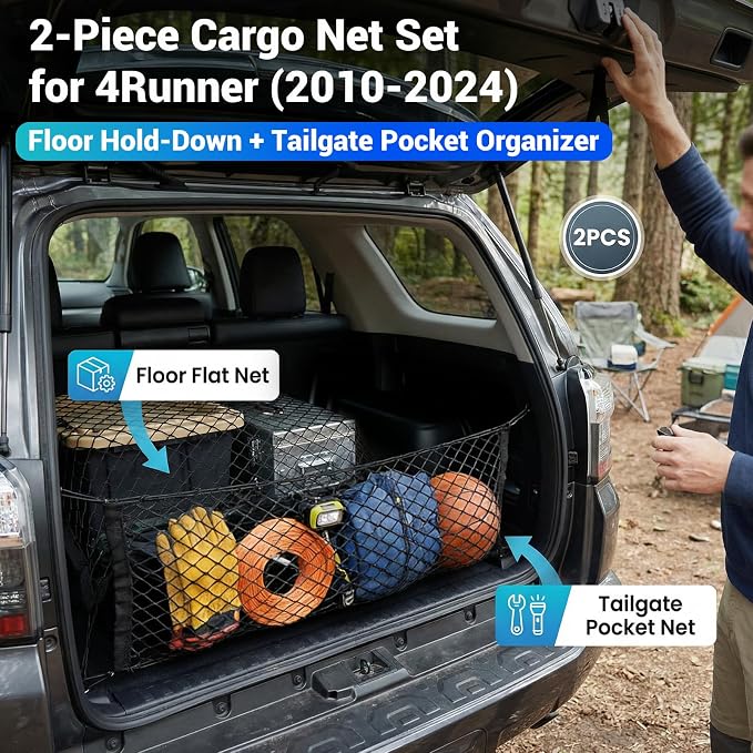 Trunk Cargo Net Fits for 2010-2024 Toyota 4Runner Trunk Organizer Elastic Stretchable String Bag Cargo Storage Pocket Compatible with 4Runner 5-Seat 2nd Row Accessories Floor+Tailgate Net