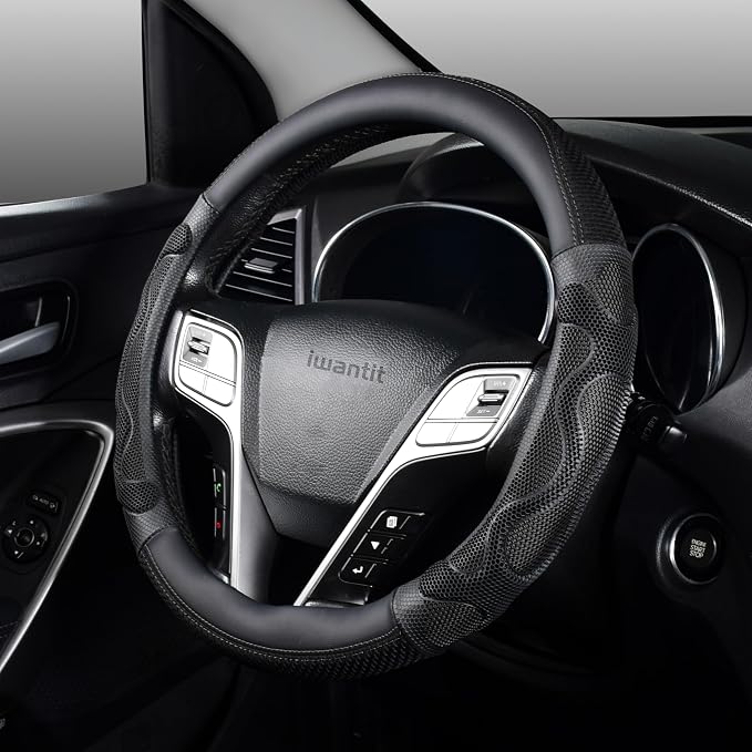 Iwantit® Car Steering Wheel Covers with 3D Silicone Honeycomb for Men,Anti-Slip Design and Breathable Fabric,Universal Fit 14.5-15 Inches (Full Black)