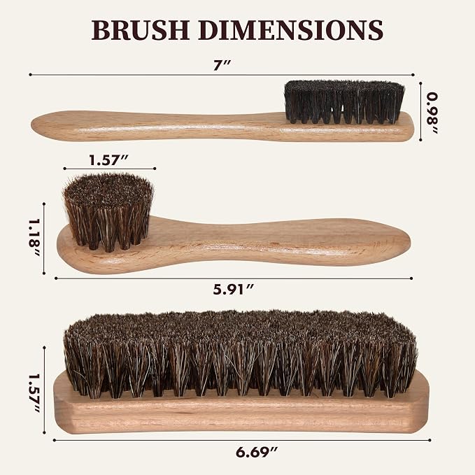 Lexol Horsehair Detailing Brush Set – Professional 3‑Piece Leather Cleaning & Care Kit for Bags, Shoes, Accessories, Upholstery & More – Soft, Scratch‑Free Natural Horsehair Brushes