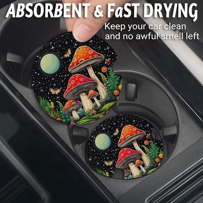 Yonlevres Car Coasters for Cup Holders，2.75" Anti Slip Rubber Mat with A Finger Notch, 2 Pack Car Cup Holder Coasters for Car Interior Accessories for Women Men Mushroom