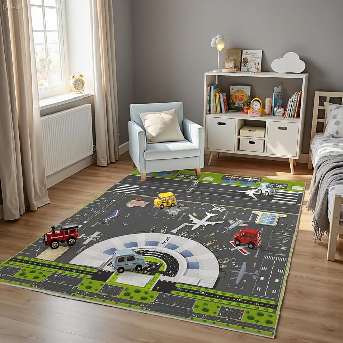 Kids Airport Runway Rug, Faux Wool Airplane Map, Non-Slip, 5 x 7 ft | Runway and airplane design; Aviation-themed play; Soft faux wool surface; Non-slip backing; Easy-care finish
