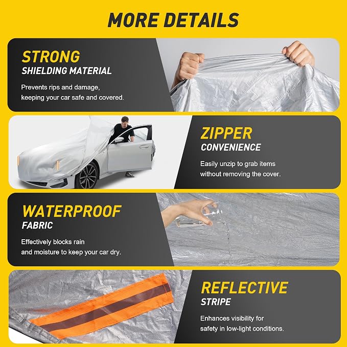 Caromop 10-Layer Waterproof Car Cover All Weather Protection (Snow, Rain, Sun) with Secure Fit Straps and Easy On/Off Zipper-Size A3 (See Size-Chart)