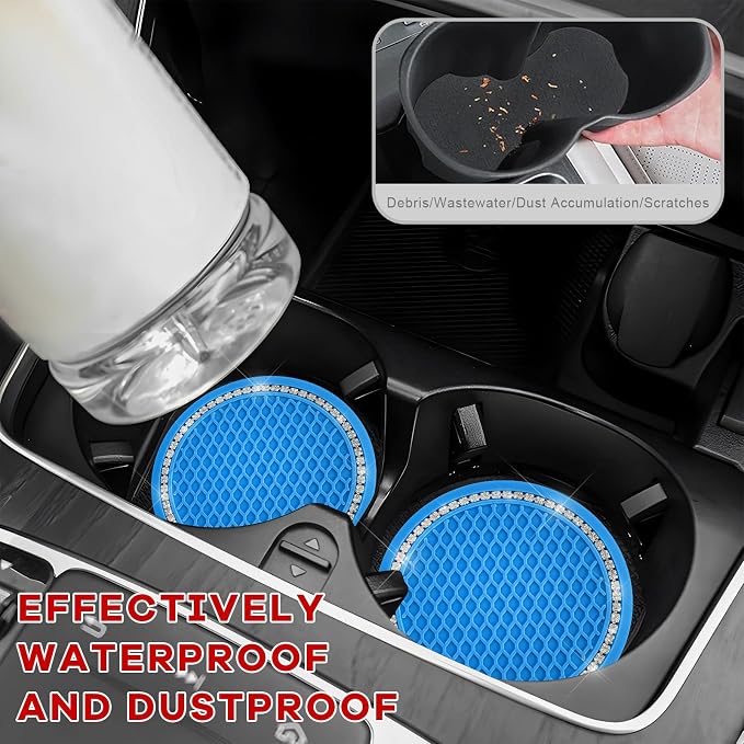 2PCS Bling Car Cup Coaster, 2.69 Inch Anti-Slip Auto Cup Holder Drink Mat w/Crystal Rhinestones, Universal Shiny Diamond Vehicle Insert Coasters Cups Mats for Women (Blue & White)