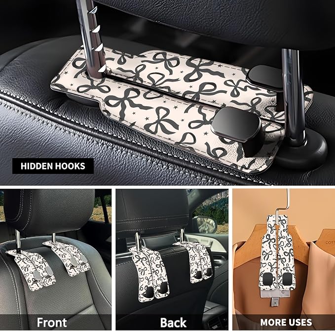 Car Seat Headrest Hook, Universal Leather Cute Hanger Holder Hook, Storage Organizer Interior Accessories for Purse Bags Handbag Luxury Black Bowtie