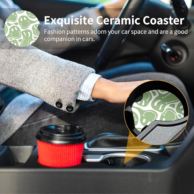 Car Coasters,Purple Smily Absorbent 2 Pack for Cup Holders with Finger Notch,2.56 inches Ceramics Heat Resistant Anti Slip Cork Base Car Drinks Coasters Auto Cup Holder(Pale Green face)