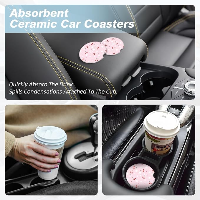 Pink Cherry Car Coasters for Cup Holders,2 Pack Car Cup Holder Coasters for Car,Ceramic Absorbent Car Coaster with A Finger Notch and Cork Base,Car Interior Accessories for Women Men