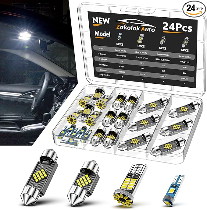 Zakolak 24PCS LED Interior Car Lights, Extremely Bright 6500K White LED Bulb Kit, Applicable to Dome Map Door Lights and Other Parts Replacement for Your Cars, to Help You See Inside The Car at Night