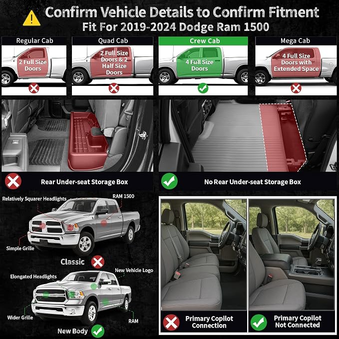 OEDRO Floor Mats Fit for 2019-2024 Dodge Ram 1500 Crew Cab New Body | With Original Storage | NOT for Classic Models | All-Weather TPE Custom Fit Floor Liner for Ram 1500 Accessories