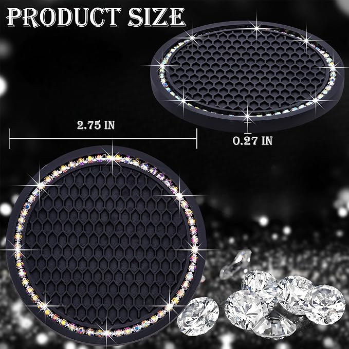 4PCS Bling Cup Holder Coaster, 2.75 Inch Auto Car Cup Holder Insert Coasters, Soft Silicone Anti-Slip Shockproof, Universal Vehicle Interior Accessories for Women Girls (Black & Colorful)