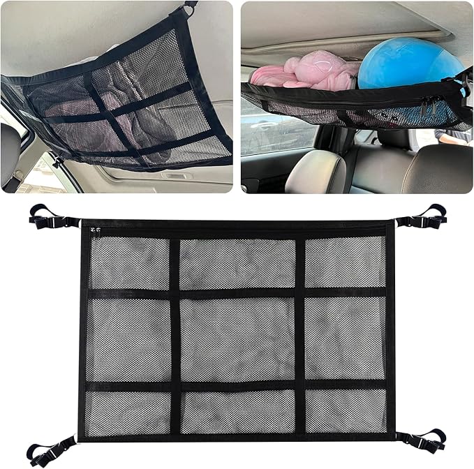 Car Ceiling Cargo Net Double Layer Mesh Organizer | 35.43"x25.59" Auto Roof Storage with Reinforced Buckle Fastener, Universal Camping Essentials for Cars, Vans, SUVs