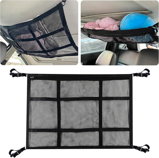 Car Ceiling Cargo Net Double Layer Mesh Organizer | 35.43"x25.59" Auto Roof Storage with Reinforced Buckle Fastener, Universal Camping Essentials for Cars, Vans, SUVs
