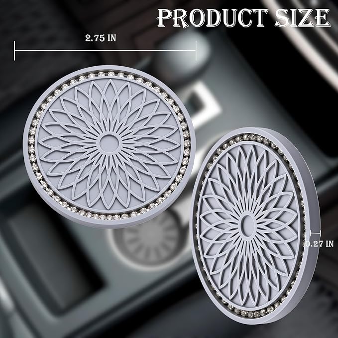 2PCS Bling Car Cup Holder Coasters, 2.75 Inch Silicone Anti-Slip Insert, Bling Shockproof Cup Mat for Women Girls, Universal Fit for Most Vehicles (Gray & White)