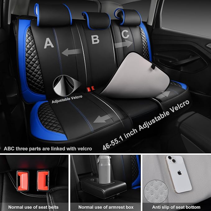 CAR PASS Nappa PU Leather Car Seat Covers Full Set Waterproof Protector Durable Cushioned,Universal Fit for Sedan SUV Pick-up Truck,Automotive, Anti-Slip and Backseat Luxury Premium(Black and Blue)