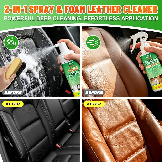 Leather Cleaner and Conditioner Kit, Foam Cleaner & Faux Leather Conditioner, Leather Car Cleaner Set with Brush for Car Interior Cleaner, Furniture, Leather Couch, Shoes & Boots, 5 Piece