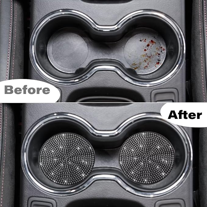 BFXM 4 PCS Bling Cup Holder Coaster, 2.75 inch Diamond Universal Non-Slip Silicone Cup Holder Coasters, Sparkly Bling Car Accessories for Women (Black)