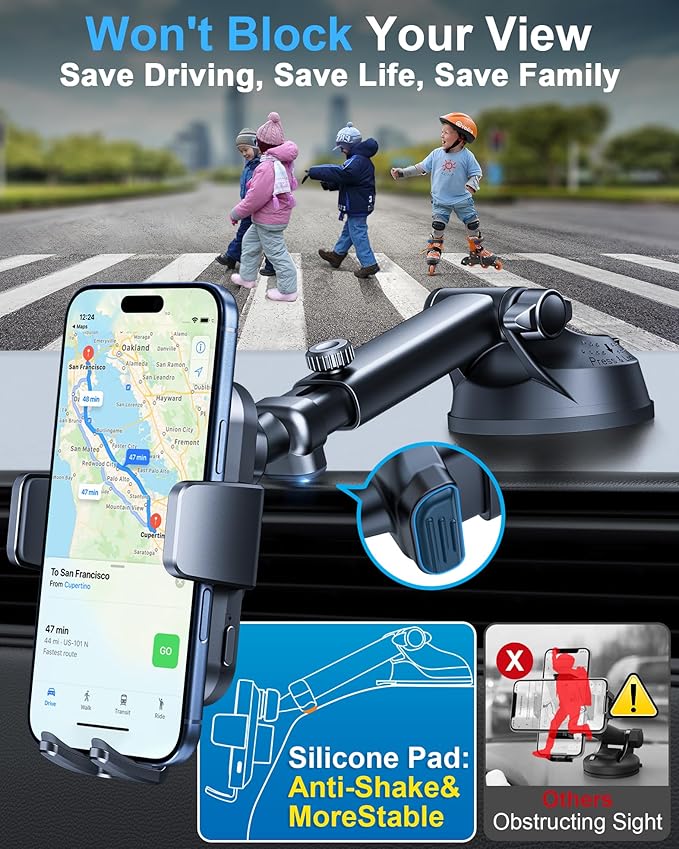 YRU [True Military-Grade] Wireless Car Charger Mount, 15W Charging Auto Clamping Car Phone Holder [98+LBS Strong] Dashboard Windshield Vent Cellphone Holder for iPhone 17 16 15 Pro Max, Dark Black