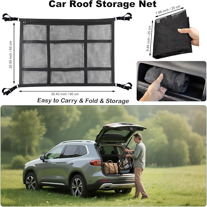 Car Ceiling Cargo Net for SUV,35.4"X25.6" Car Ceiling Storage,Load Capacity Automotive Cargo nets Interior Accessories for Van,Double-Layer Mesh Automotive Roof Camping Essentials
