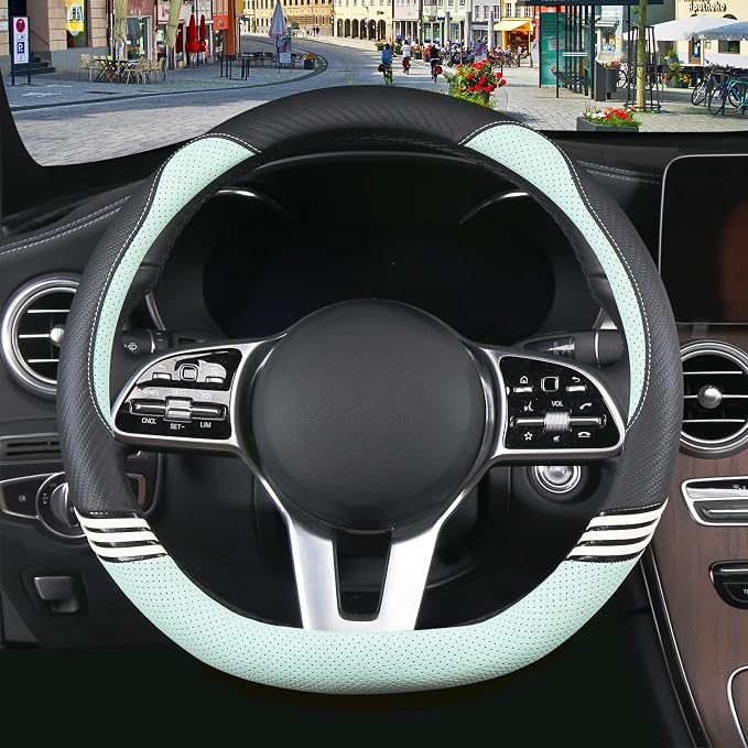 15 inch Cute Leather D Shape Steering Wheel Cover Black Green | Breathable Faux Leather and Carbon Fiber Flat Bottom Car Accessories for Women Men Universal 14.5 inch to 15 inch