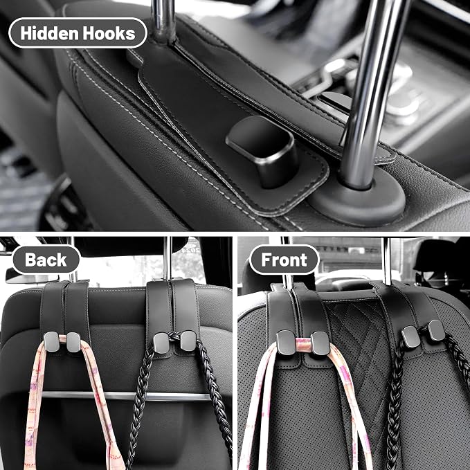 Amelity Purse Hook for Car, Car Seat Headrest Hooks for Purses & Bags | Car Interior Accessories for Women, Heavy Duty Leather Purse Hanger for Car, 2 Pack Black