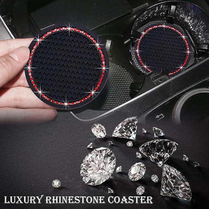 4PCS Bling Cup Holder Coaster, 2.75 Inch Auto Car Cup Holder Insert Coasters, Soft Silicone Anti-Slip Shockproof, Universal Vehicle Interior Accessories for Women Girls (Black & Red)