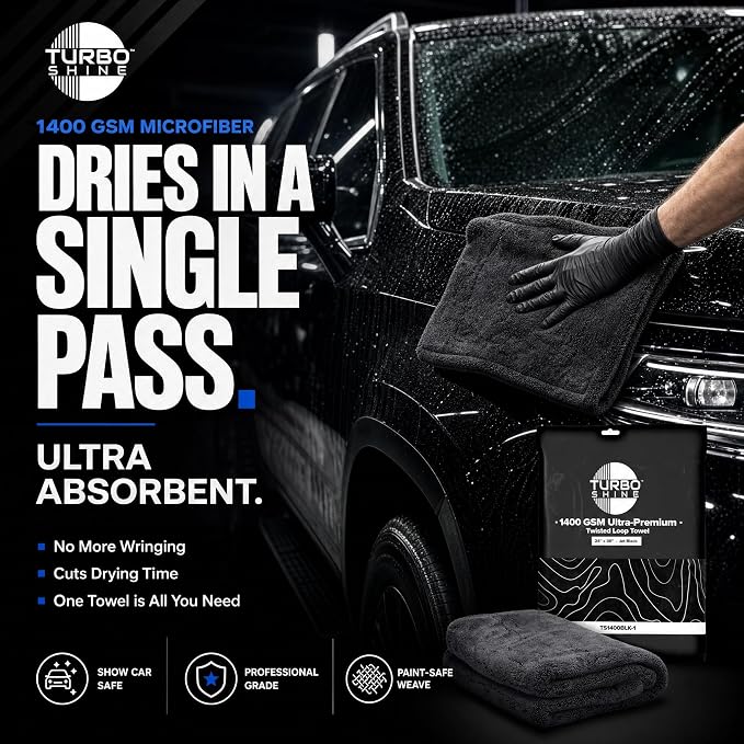 1400 GSM Microfiber Car Drying Towel, Twisted Loop, Streak-Free, Lint-Free, 24x36 Inch Ultra Premium Car Wash Towel (1, Jet Black, 24" x 36")