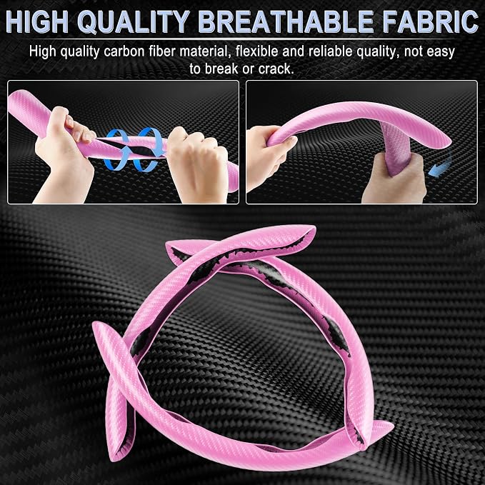 Amiss 3pcs Carbon Fiber Anti-Skid Steering Wheel Cover, Waterproof & Segmented Butterfly Design, Universal 99% Vehicle Wheel Cover Protector, Car Interior Accessories (Pink-3pcs)