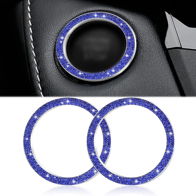 WINKA 2pcs Bling Car Engine Start Button Cover Diamond Crystal Push Start Stop Button Ring Sparkly Bling Ignition Button Cover Rhinestone Keyless Ignition Ring Universal Car Accessories (Navy Blue)