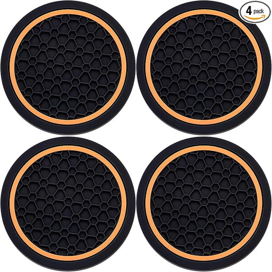 4-Piece Anti-Slip Car Cup Coaster Set – 2.75 Inch Auto Insert Drink Mats, Perfect for Coffee & Beverages – Stylish Interior Decor for Women & Girls (Black & Orange)