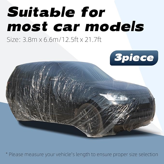 3-Pack Disposable Plastic Car Covers - Universal Waterproof, Dustproof & Transparent Protective Cover for Sedan, SUV with Elastic Band (12.5ft x 21.7ft)