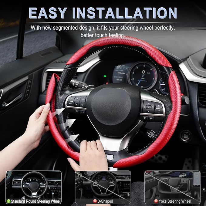 Amiss 3pcs Carbon Fiber Anti-Skid Steering Wheel Cover, Waterproof & Segmented Butterfly Design, Universal 99% Vehicle Wheel Cover Protector, Car Interior Accessories (Red-3pcs)