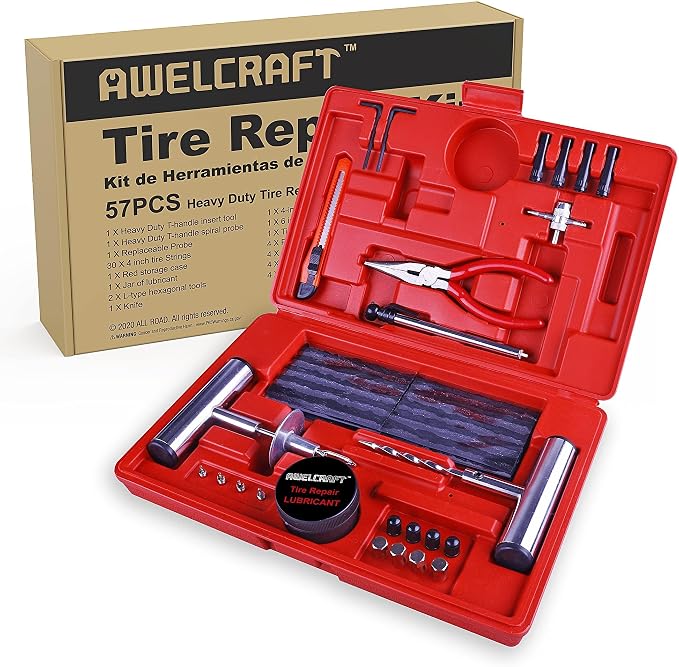 AWELCRAFT 57-Piece Heavy Duty Tire Repair Kit – Flat Tire Plug Kit with T-Handle Tools, Storage Case – Universal for Truck, Car, Motorcycle, Jeep