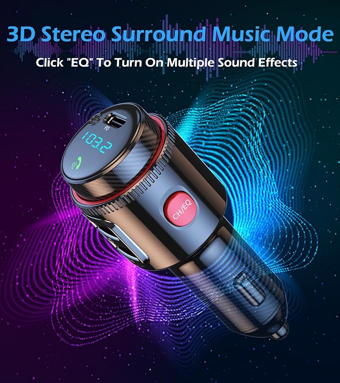 LIHAN Bluetooth 5.4 Car FM Transmitter,Wireless Radio Adapter with 48W(PD 30W USB-C & QC3.0) Fast Charging,Hands-Free Calls,HiFi Deep Bass,Siri/Google Assistant,Music Player for Cars/Trucks/Vans