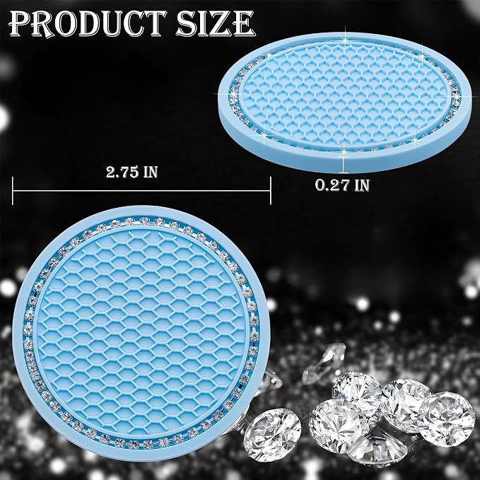 4PCS Bling Cup Holder Coaster, 2.75 Inch Auto Car Cup Holder Insert Coasters, Soft Silicone Anti-Slip Shockproof, Universal Vehicle Interior Accessories for Women Girls (Light Blue & White)