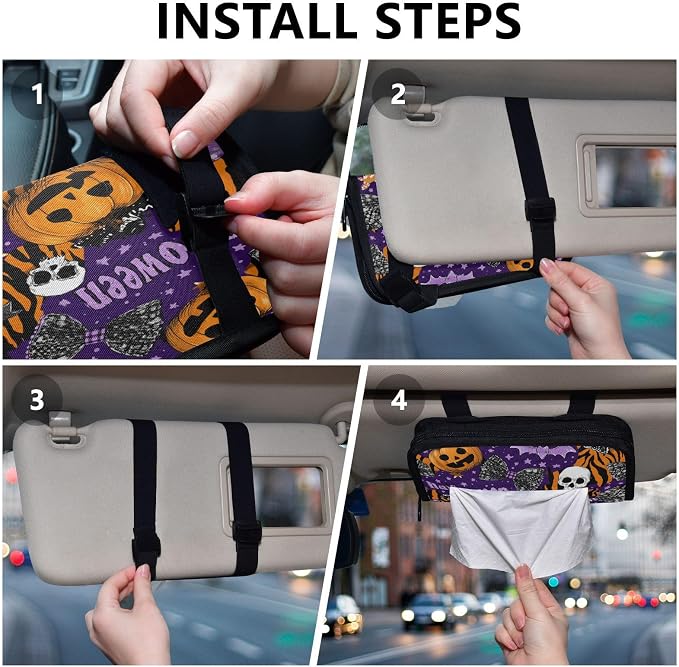 Car Tissue Holder Car Napkin Holder Car Tissue Box Dispenser Storage Case Sun Visor Mask Holder with Adjustable Straps Reusable Refillable Halloween Tiger Stripe Purple Orange