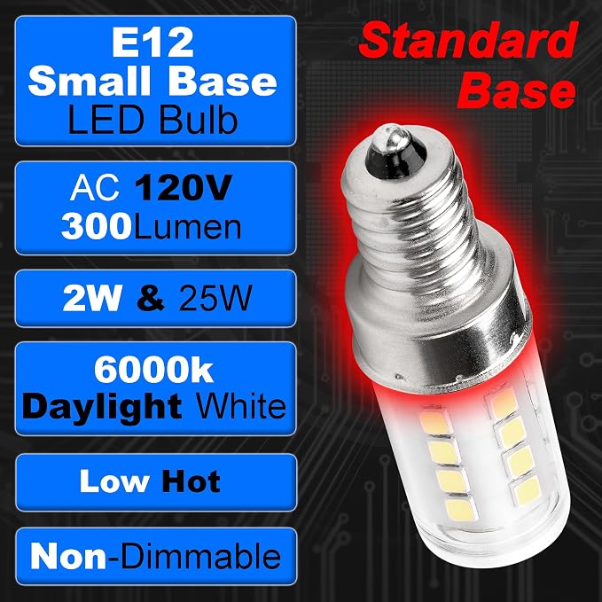25W Equivalent Decorative Candelabra Bulb Daylight White 6000K E12, 4 Pack | 2 Watt, AC120V, 300lm, Small Base Idear for Ceiling Fan Chandelier Bathroom Vanity Mirror Light Dryer Drum Bulb, Non-Dimmable