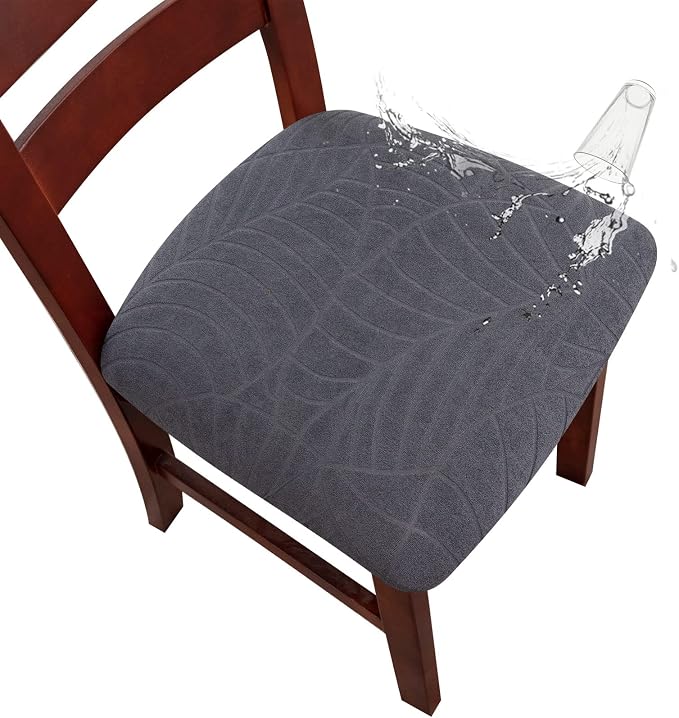 Genina Waterproof Seat Covers for Dining Room Chairs, Stretch Chair Seat Covers Removable Washable Dinning Room Kitchen Chair Cushion Slipcovers (Leaves-Dark Gray, 2 PCS)