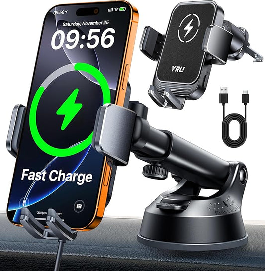 YRU [True Military-Grade] Wireless Car Charger Mount, 15W Charging Auto Clamping Car Phone Holder [98+LBS Strong] Dashboard Windshield Vent Cellphone Holder for iPhone 17 16 15 Pro Max, Dark Black