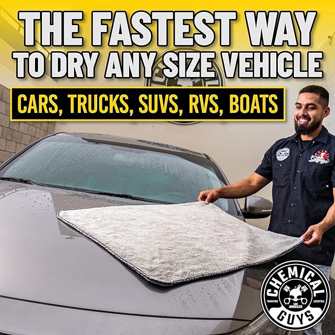 Chemical Guys, Woolly Mammoth Large Drying Towel, Gray, 36 x 25 in, 2 Pack | Ultra-plush oversized towel soaks up water fast to dry the whole vehicle, soft and scratch-free on paint, two pack