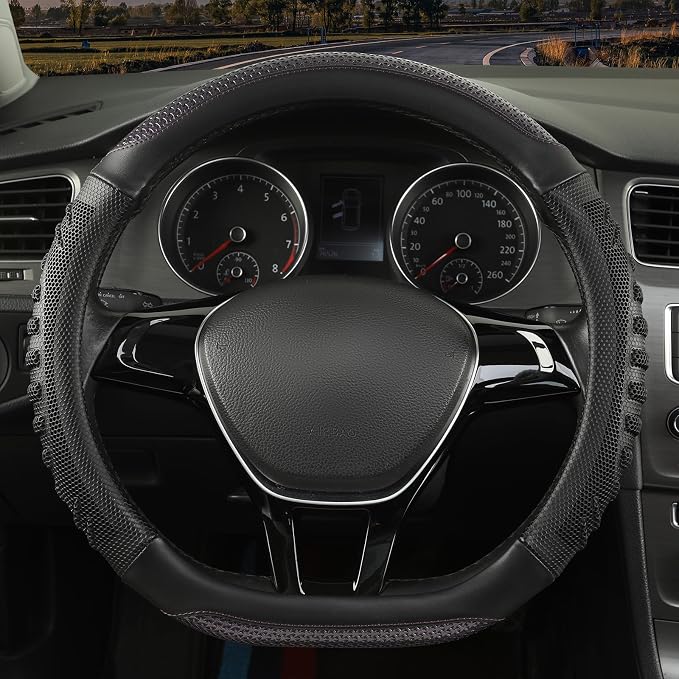 D Shaped Steering Wheel Cover Great Grip with 3D Honeycomb Hole | Anti-Slip Silicone Heavy-duty Microfiber Leather Sporty Design, Universal 14.5 inch - 15 inch, Black with Purple