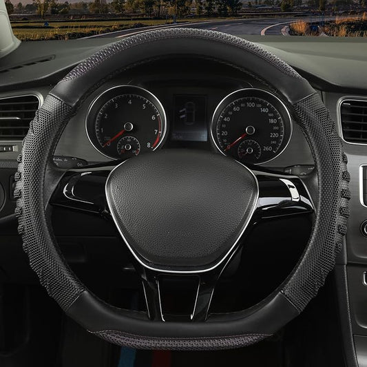 D Shaped Steering Wheel Cover Great Grip with 3D Honeycomb Hole | Anti-Slip Silicone Heavy-duty Microfiber Leather Sporty Design, Universal 14.5 inch - 15 inch, Black with Purple