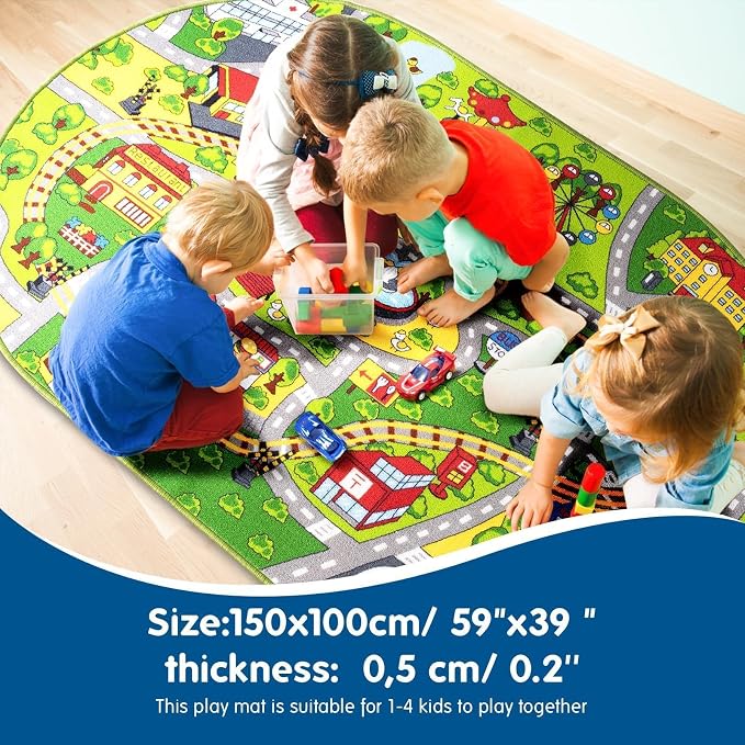 Booooom Jackson Kids Road Play Mat, 3'3" x 4'11" Oval | Non-Slip Washable City Road Play Mat, Great Gift for Toddlers, Classroom & Playroom
