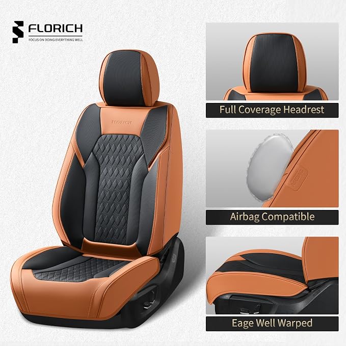 FLORICH Seat Covers, Car Seat Covers Front Seats, Luxury Nappa Leather Seat Covers, Breathable and Waterproof Car Seat Protector 2 Seat, Automotive Seat Covers Universal for Most Cars-Brown&Black