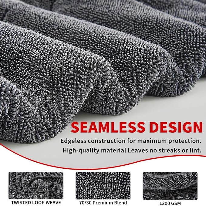 Wasal Car Drying Towel, 24" x 36" XL | 1300 GSM Microfiber, Edgeless Twisted Loop Design, 70/30 Blend, Super-Fast Drying, Streak Free