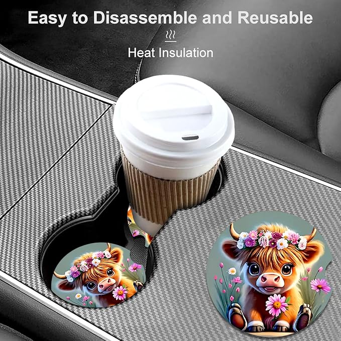 2 Pack Highland Cow Floral Car Cup Holder Coasters Universal Neoprene Mat | 2.75" Universal Size Anti Slip Rubber Mat, Auto Cup Holder Accessories for SUV Truck, Cow Lovers Gifts for Women Men Mom